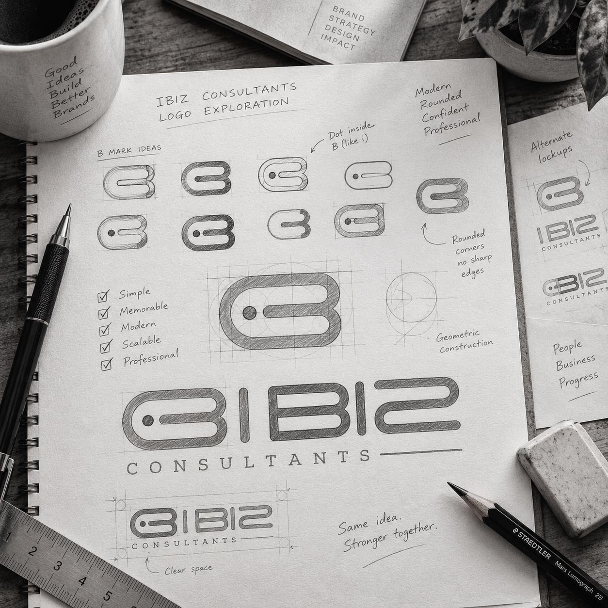 I BIZ Consultants logo sketch and brand identity exploration